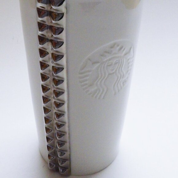 Starbucks 2014 White Ceramic Silver Studded Travel Coffee Mug With Lid 10oz - Picture 2 of 12